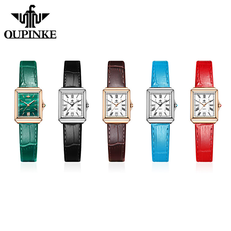 OUPINKE-여성 시계 스위스 최고 브랜드 럭셔리 방수 사파이어 여성 시계, 가죽 스트랩 패션 팔찌 여성 시계