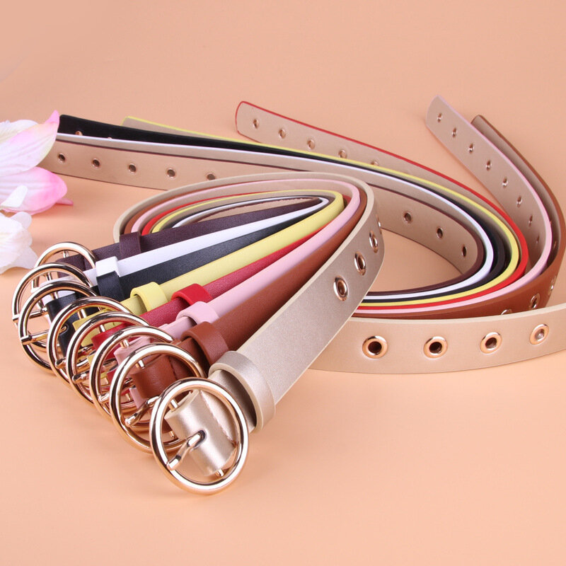 Cinturón con hebilla de forma redonda para mujer, cinturón de cuero PU, informal, de Metal, a la moda