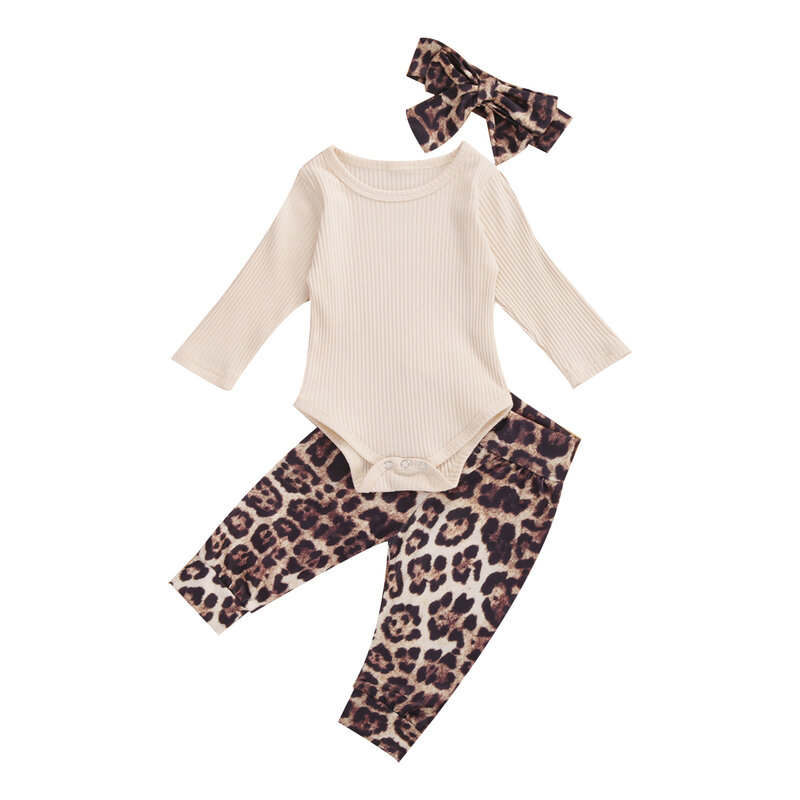 Conjunto de Ropa para Niñas recién nacidas, Pelele de manga larga con cuello redondo, pantalones con estampado de leopardo y Diadema con lazo de 0 a 18M, Color sólido, Otoño, 2020