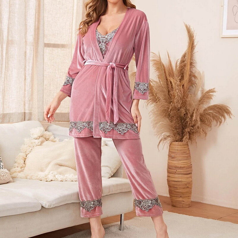4 pièces Velours Pyjamas Pour Femmes Sexy Déshabillé En Dentelle Pyjama Ensemble Hiver Chaud Chemise Femme Vêtements De Nuit
