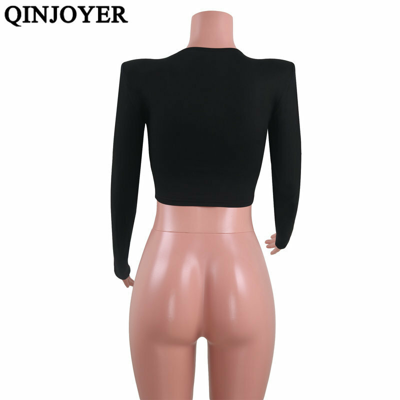 QINJOYER Women Cotton T Shirts Solid Shoulder Pad Crop Top Lady Spring Autumn Long Sleeve T Shirt O-Neck Ruched Tee Women Tops
