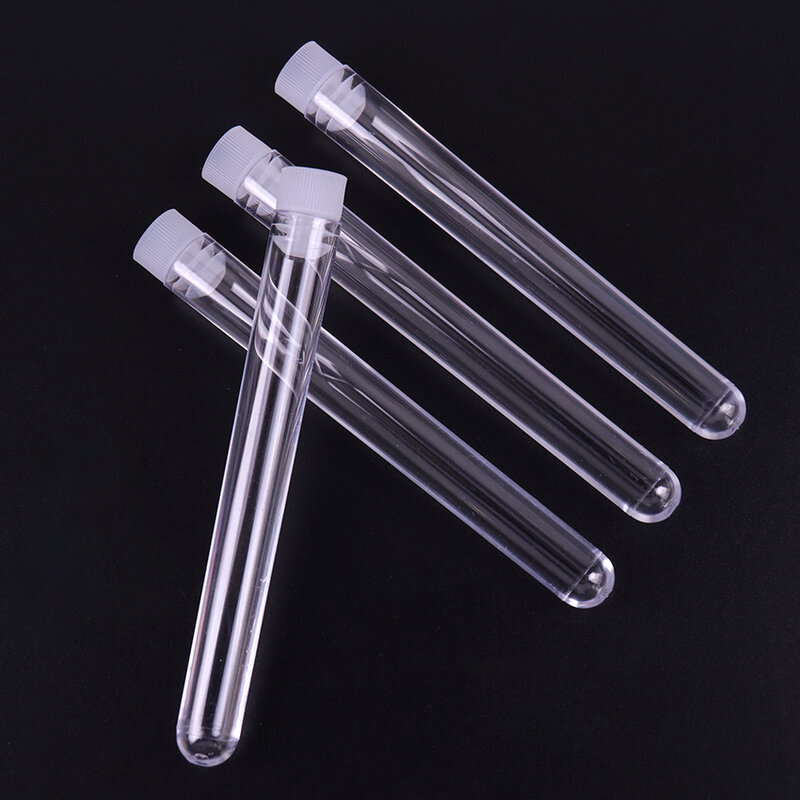 10PCS 12x100mm Lab Clear Plastic Test Tube Round Bottom Tube Vial with Cap Office Lab Experiment Supplies