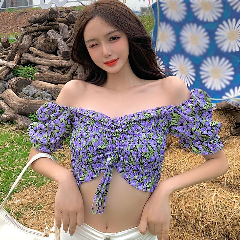 Musim panas Wanita Blus Floral Cetak Slash Leher Puff Lengan Manis Kemeja Lengan Pendek Blus Untuk Anak Perempuan Blus Kemeja Baru