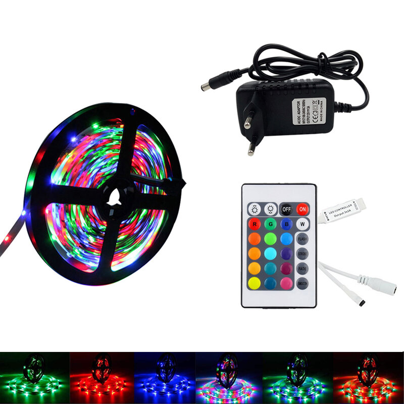 Tira de luces LED RGB 2835, cinta de diodos RGB 2835, resistente al agua, con mando a distancia y adaptador, 5m y 10m