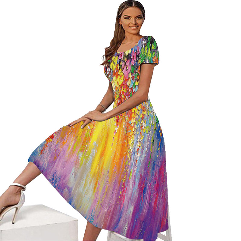 WAYOFLOVE Spring Summer Long Dresses Women Elegant Slim Square Collar Short Sleeve Dress Beach Vestidos 3D Print Flowers Dresses
