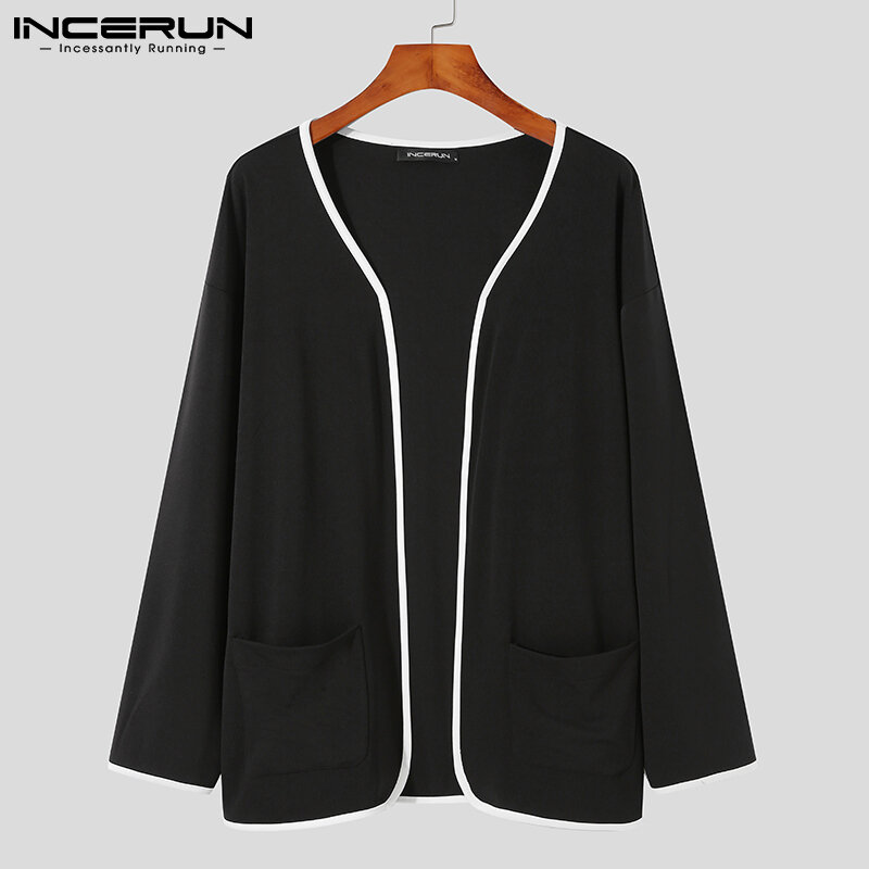 Fashion Casual Men's Blouse Contrast Thin Cardigan Jackets Stylish Long Sleeved Loose Streetwear Shirts S-5XL INCERUN Tops 2021