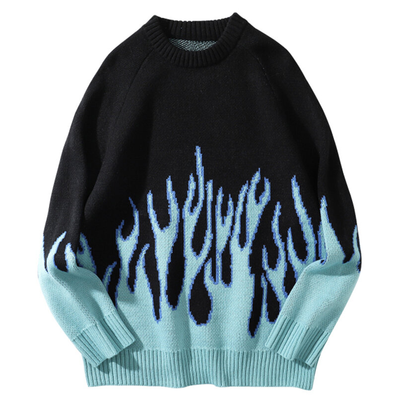 Женский жаккардовый свитер в стиле хип-хоп, пуловер с круглым вырезом и принтом пламени, хипстерский свитер