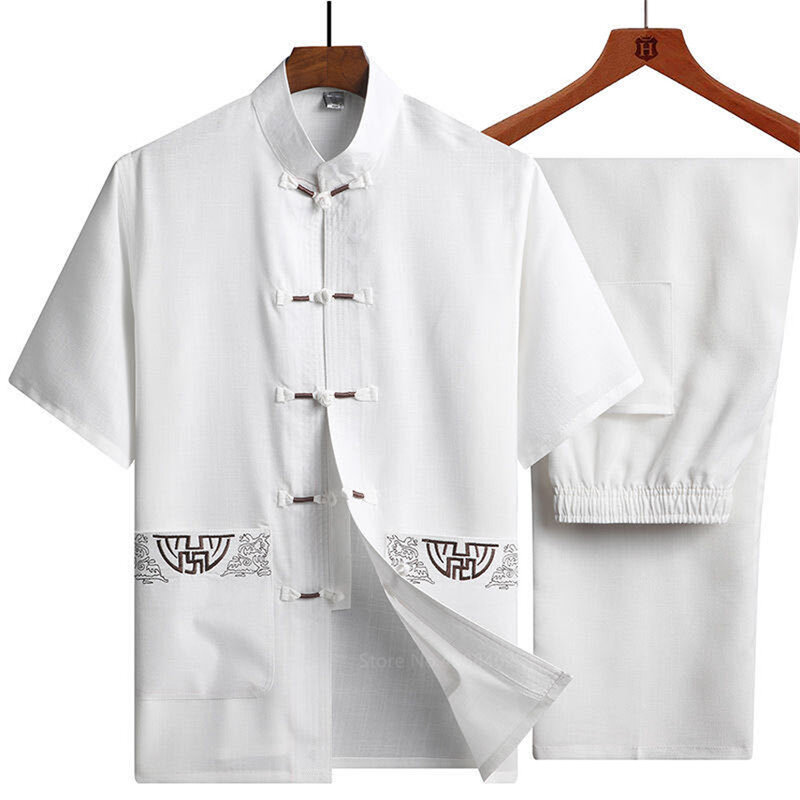 Traditionelle Chinesische Kleidung Set für Männer Erwachsene Tai Chi Kung Fu Uniformen Leinen Kurzarm Stickerei Casual Chinesische Kostüme