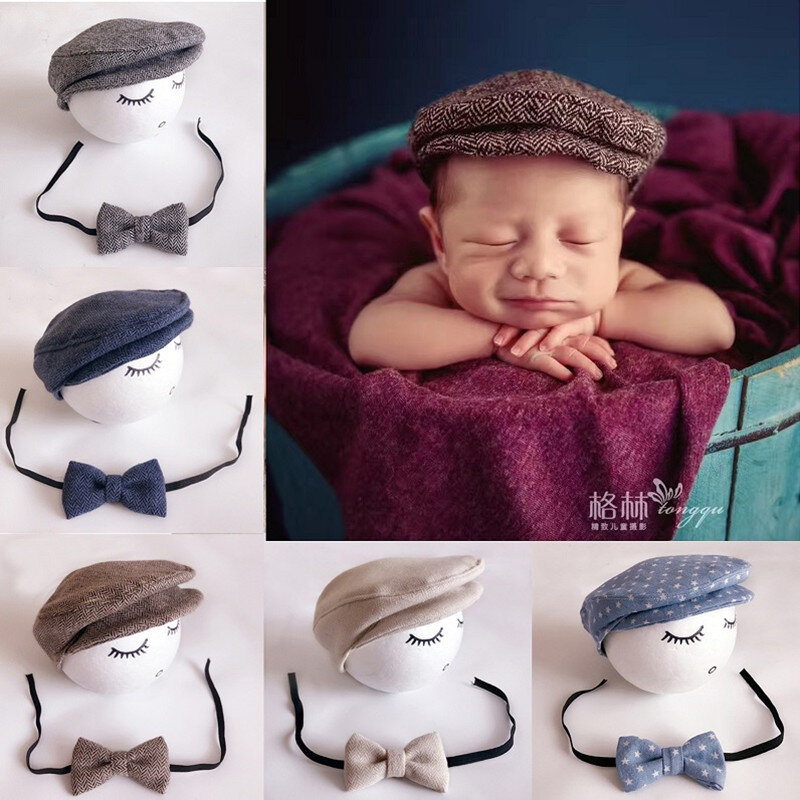 Newborn Baby Boy Hat Costume Little Gentleman Bow Tie Newborn Photography Props Photo Studio Accessories