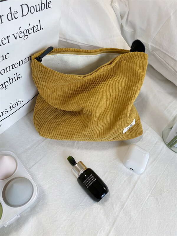 Effen Kleur Corduroy Cosmetische Clutch Bag Grote Make-Up Organizer Tassen Koreaanse Cosmetische Pouch Vrouwen Leuke Toilettas Beauty Case