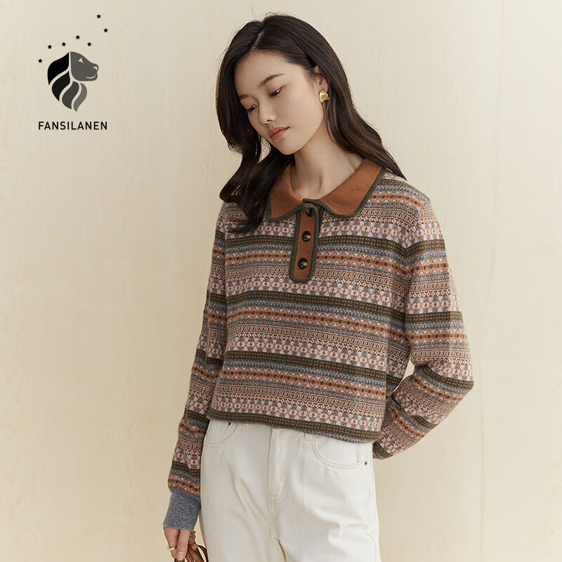FANSILANEN Polo Striped Retro Knitted Sweater Women Long Sleeves Splicing Pullover Female Autumn Winter Button Up Jumper Tops