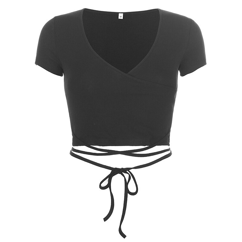 Diseyar-Camiseta de manga corta con cuello en V para mujer, Top Sexy de Fitness, camisolas, ropa de calle, camiseta de vendaje con cordones, 2021