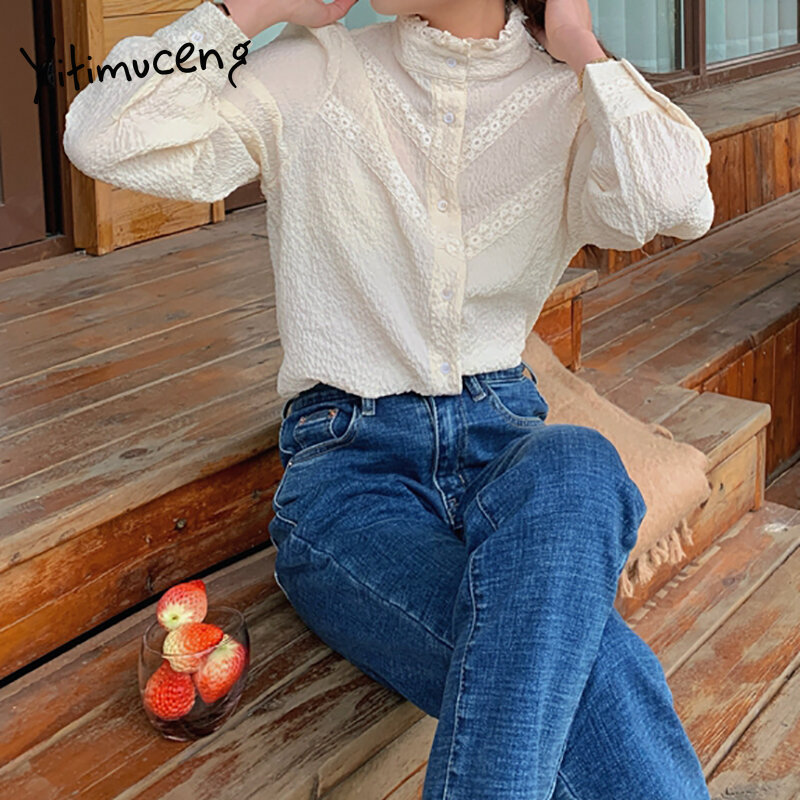 Yitimuceng Office Lady camicetta donna camicie floreali di pizzo oversize moda coreana manica lunga a sbuffo Beige 2021 primavera nuovi top