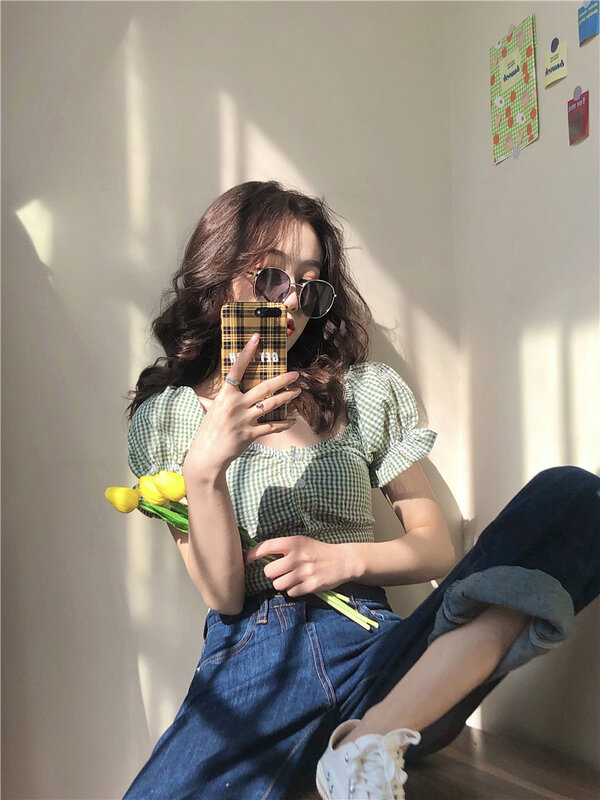 Koreański styl Plaid bufiaste rękawy fioletowy koszula projekt kobiet kwadratowy kołnierzyk francuski styl Crop-Top młoda dziewczyna bluzka moda lato