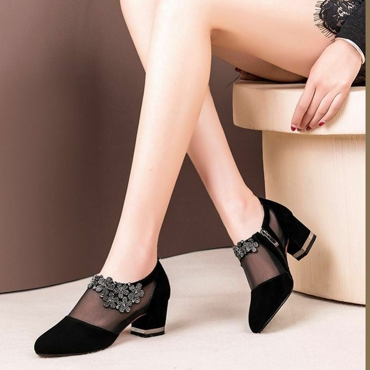 Sandales de fête classiques et à plateforme solide pour femmes, chaussures avec dentelle en maille et cristal, à talons hauts et fermeture éclair pour dames, 553
