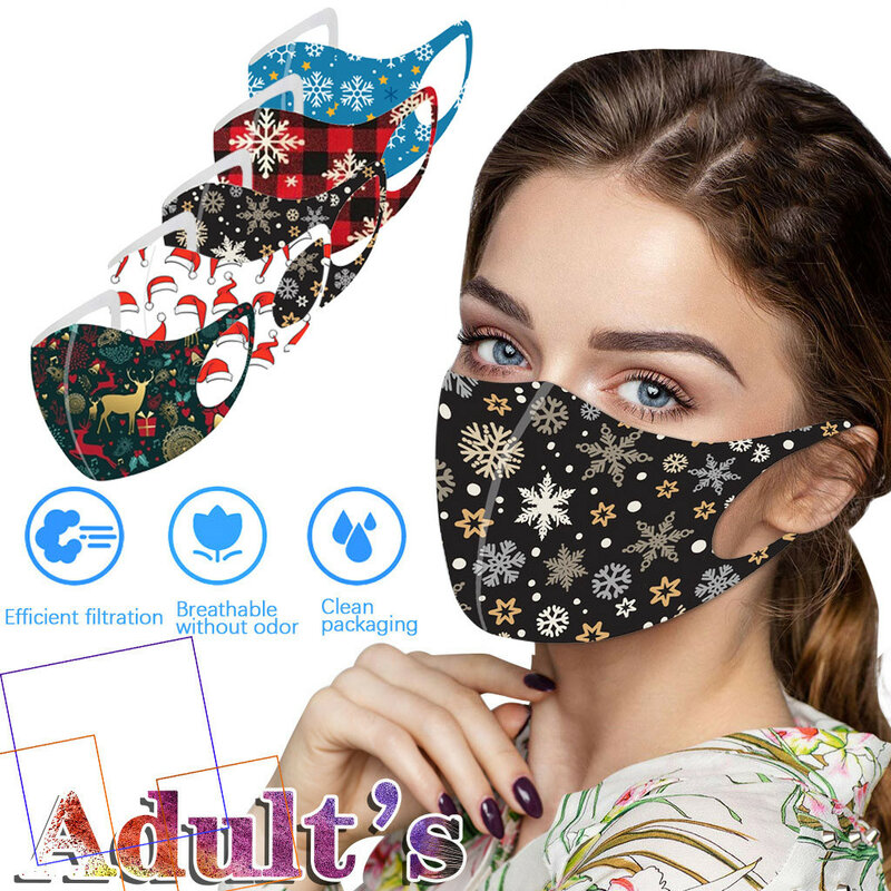 5pc Adult Christmas Printing Face Mask Washable Mouth Fabric Facial Mask For Protection Reusable Santa Earloop Mouth Caps Маска