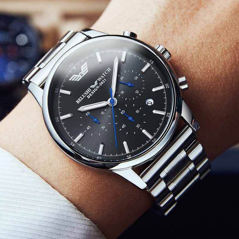 Belushi-reloj analógico de acero inoxidable para hombre, accesorio de pulsera de cuarzo resistente al agua con cronógrafo, complemento masculino de marca de lujo con diseño militar, 2021