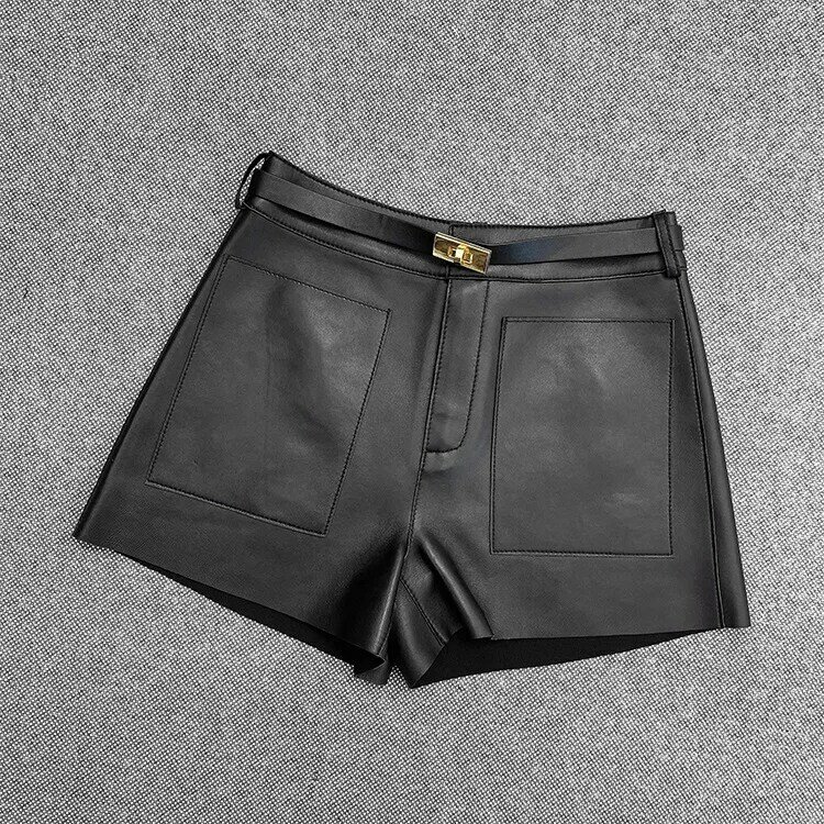 Factory New Arrival  2022 Real Sheepskin Leather Shorts,Women Casual Genuine Leather Shorts