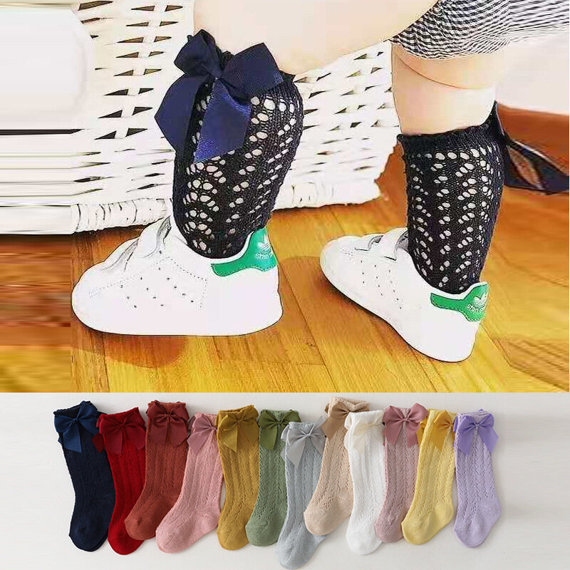 Calcetines de rejilla transpirables para niñas, medias altas de algodón con encaje de red de pescado, Vintage, con lazo trasero hasta la rodilla, de 0 a 7 años