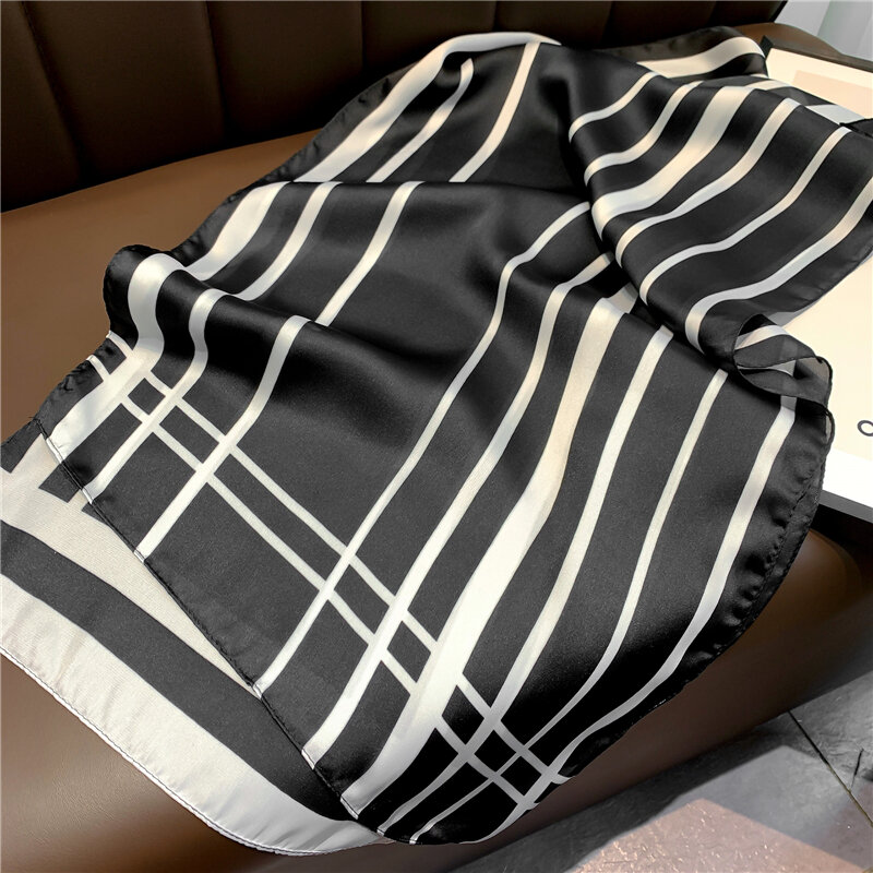 2021 nowy Satin Silk cienki szalik dla kobiet w paski druku szal Lady Wrap krawat projekt chustka z pałąkiem na głowę kobiet Foulard tłumik