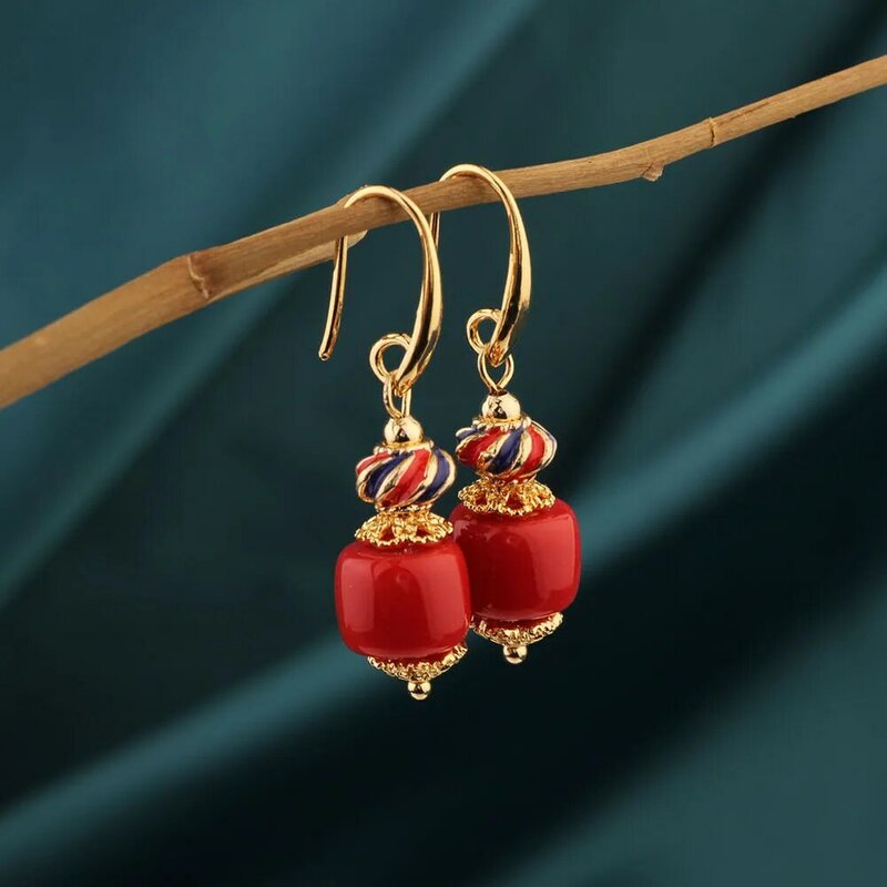 الموضة العرقية المينا الأحمر انخفاض القرط ، Vintage أقراط الأصلي للنساء مجوهرات هدية