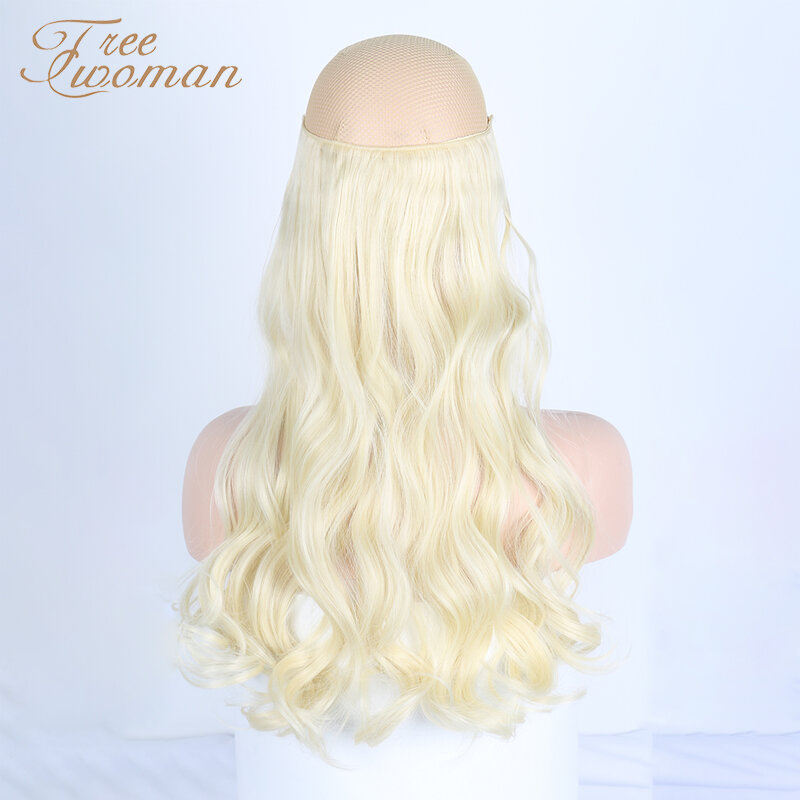 Freewoman loira invisível fio sem clipes na linha de peixes segredo extensões de cabelo feminino longo ondulado resistente ao calor sintético hairpiece