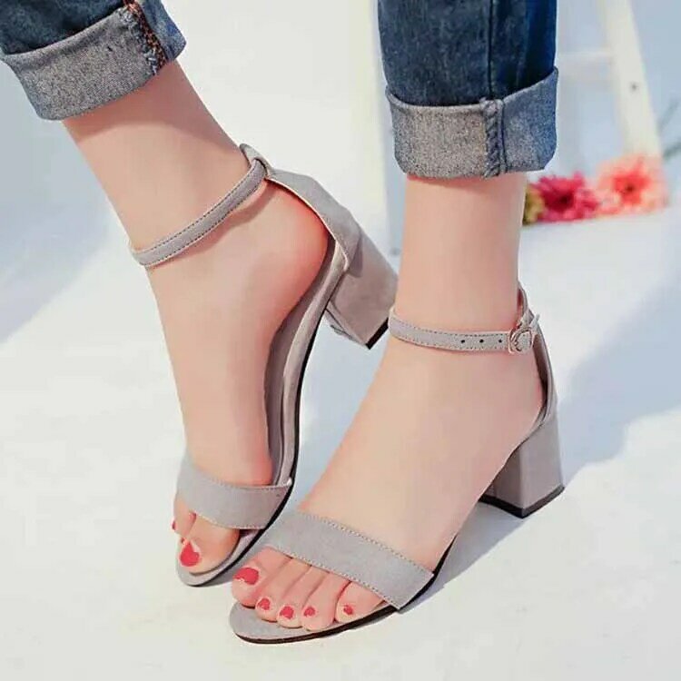GZM-zapatos de tacón medio para mujer, sandalias romanas de ante con punta abierta y hebilla de una línea, Sexy, a la moda