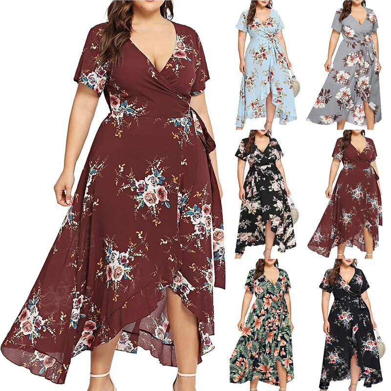 Women Plus Size V-Neck Floral Print Short Sleeve Boho Dress Party Dress Casual Women's Summer Sundress Beach Maxi Long Dresses