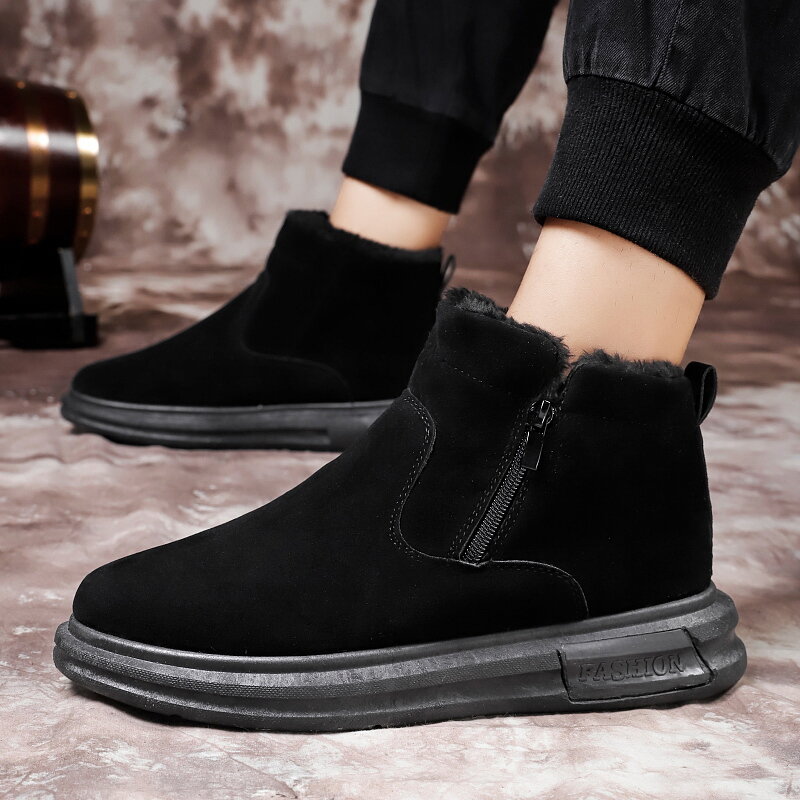 Winter Waterproof Ankle Snow Boots Men Plush Thick Warm Cotton Boots Outdoor Fashion Round Toe Side Zipper Slip-On Flat Boots
