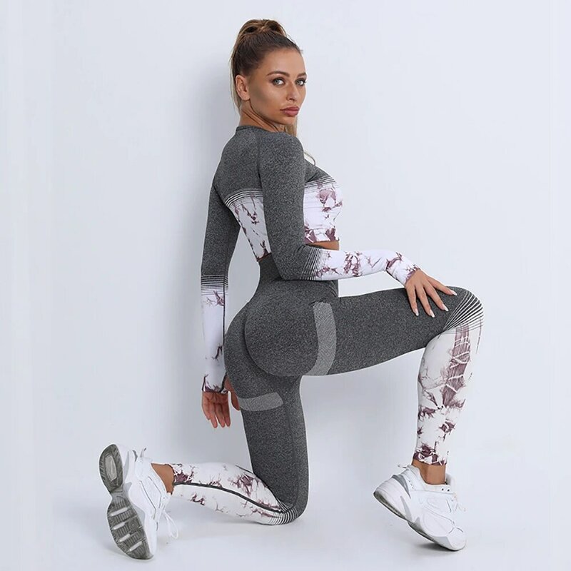 Conjunto de Yoga estampado para mujer, traje deportivo para Fitness, ropa deportiva de 2 piezas, conjunto deportivo de entrenamiento de manga larga