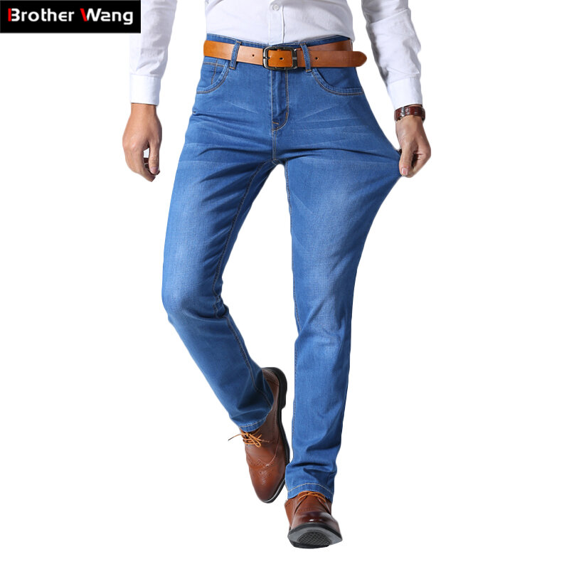 Джинсы Brother Wang мужские стрейчевые, классические Брендовые брюки из денима, повседневные штаны в деловом стиле, светло-голубые Черные