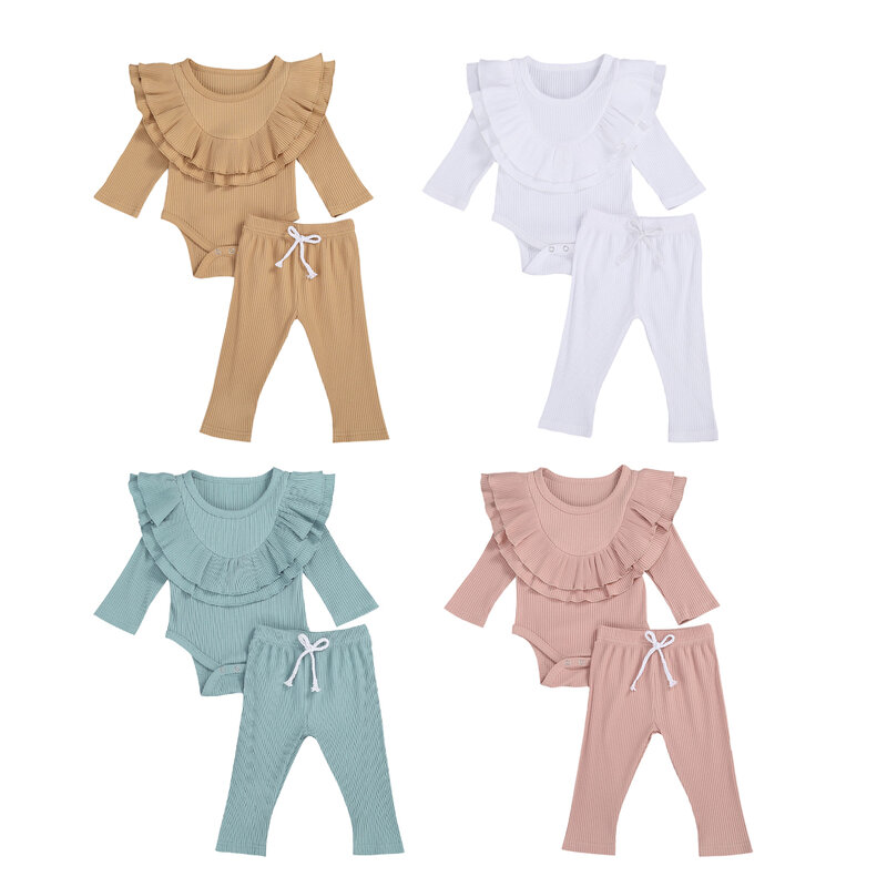 2020 Fall Newborn Girl Boy Solid Color Outfits Infant Long Sleeve O-neck Double Layer Ruffled Romper + Drawstring Pants 0-24M