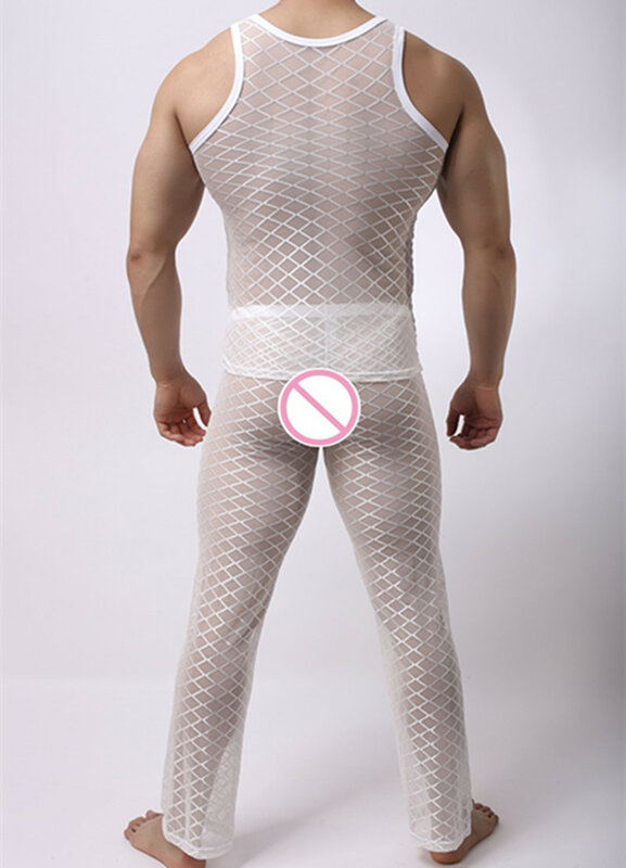 Il pigiama da notte trasparente Argyle a rete da uomo di moda imposta magliette e pantaloni lunghi da Bodybuilding Sexy