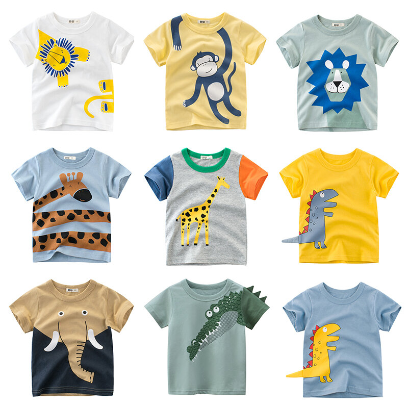 Camiseta de algodón con estampado de animales para niños y niñas, ropa de verano con estampado de tiburón y dinosaurio
