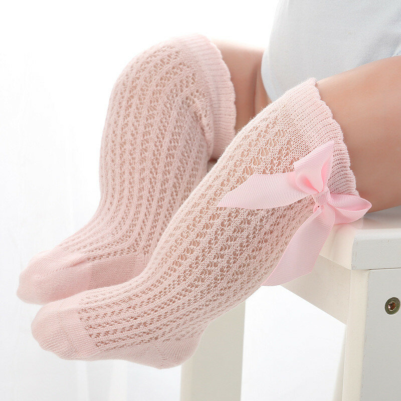 Носки для маленьких девочек, летние сетчатые тонкие длинные носки до колена с большим бантом для младенцев, хлопковые носки для новорожденн...