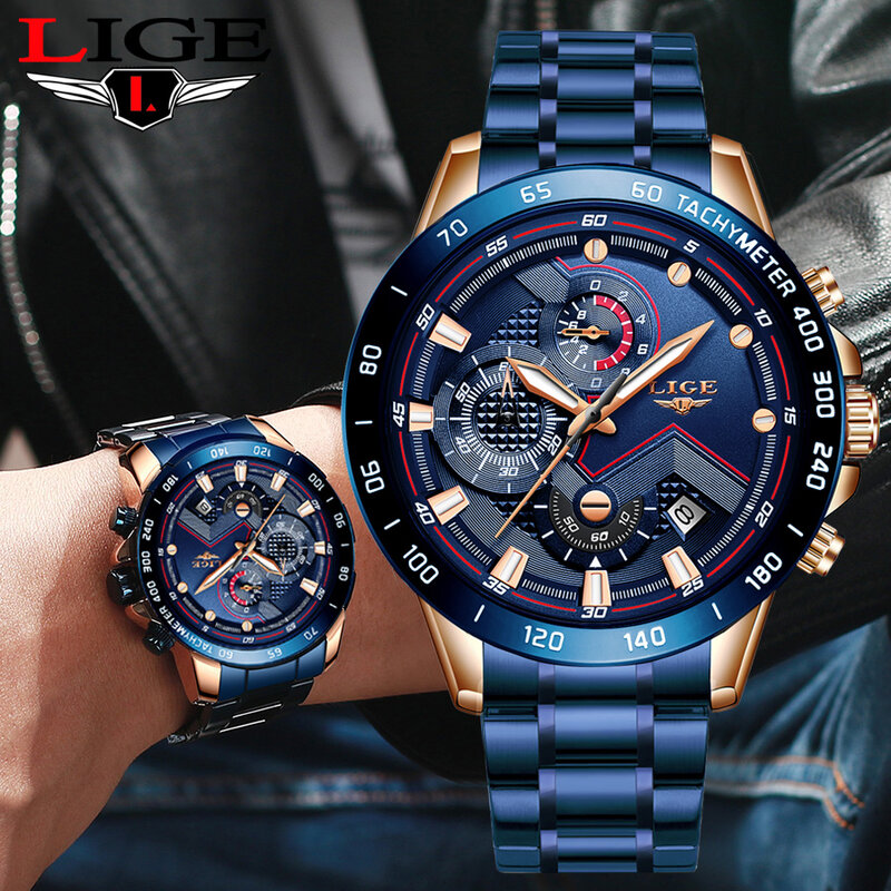 LIGE ผู้ชายธุรกิจนาฬิกาแบรนด์หรูนาฬิกาข้อมือสแตนเลสสตีลนาฬิกา Chronograph กองทัพทหารนาฬิกาควอตซ์ ...