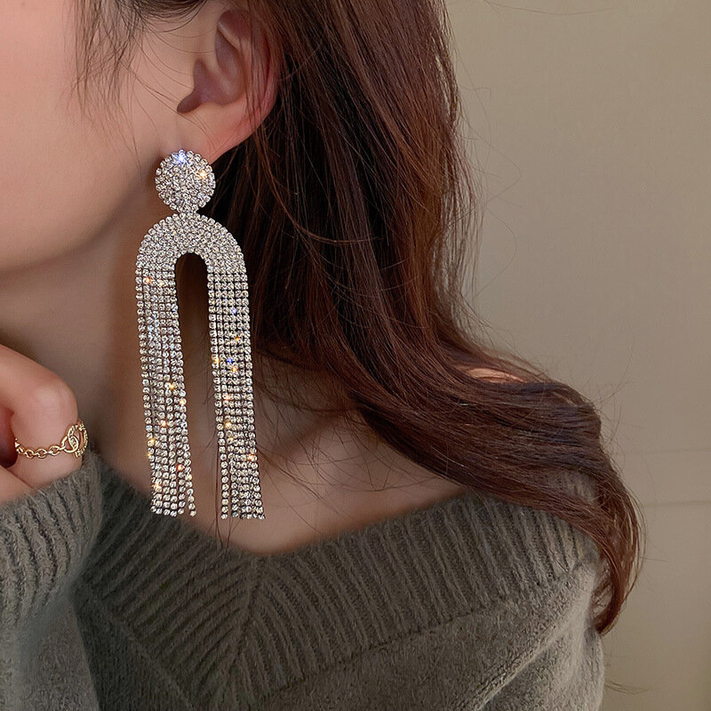 925 Jarum Perak Berlian Mengkilap U-berbentuk Ubur-ubur Rumbai Panjang Bertatahkan Anting untuk Wanita Seksi Emas Mode Perhiasan Grosir