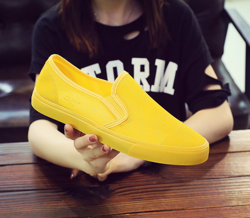 Mesh Breathable Man Shoes 2020 Summer Cool Comfortable Canvas Shoes Men Sneakers Mango Yellow Slip on Loafers 39-44 Gumshoe Male