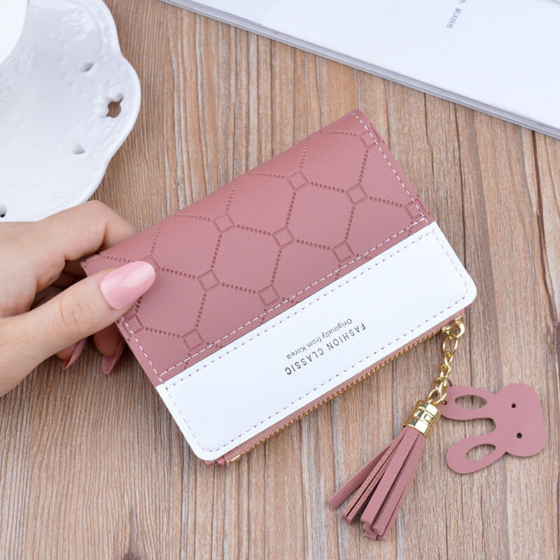 Kreatywny mały portfel damski krótki kreatywny portfel z frędzlami student koreański moda tłoczony posiadacz karty monety kiesy