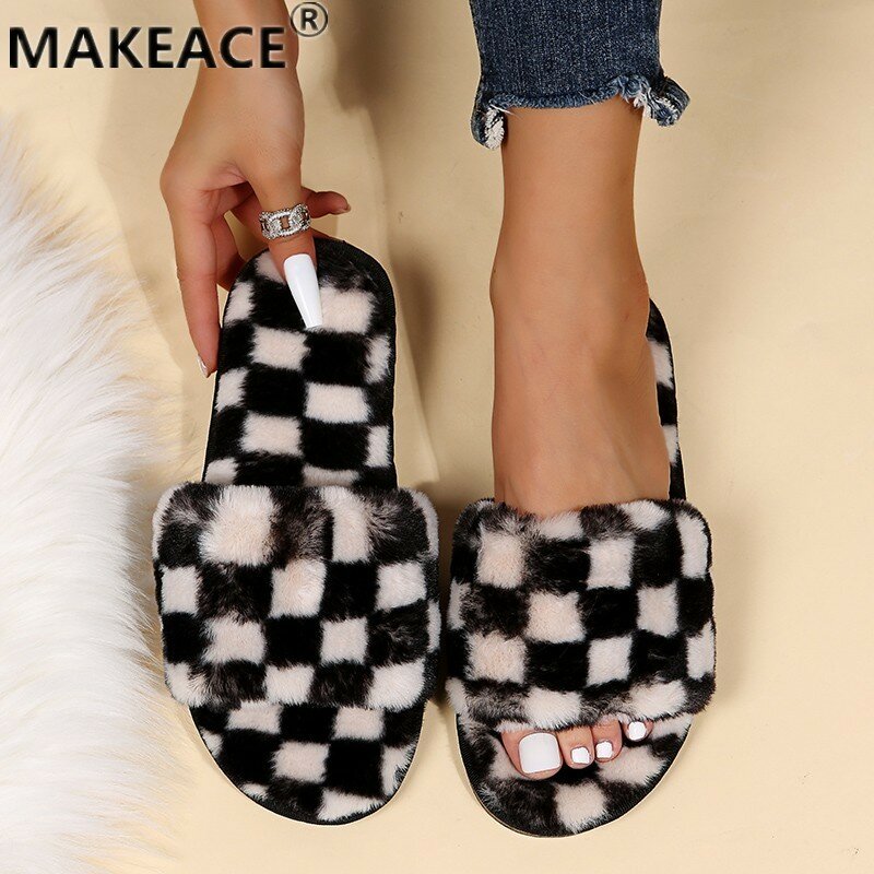 Winter Ladies Cotton Slippers Fashion Suede Plaid Warm Slippers Home Leisure Non-slip Bathroom Thick-soled Women's Shoes