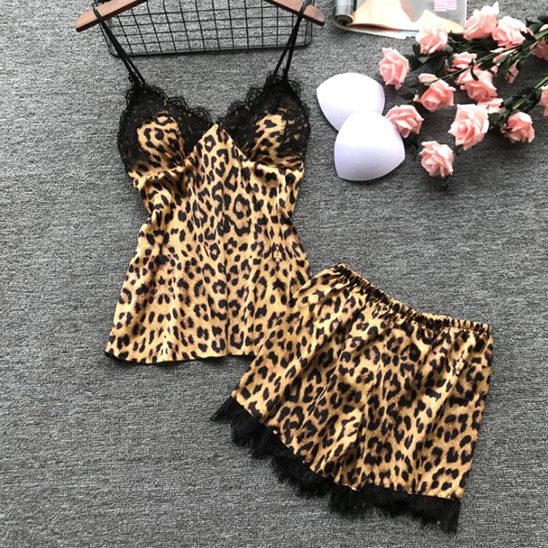 Vestido de noche de encaje con estampado de leopardo para mujer, lencería Sexy con cuello en V, camisón de verano, ropa de dormir con tirantes finos