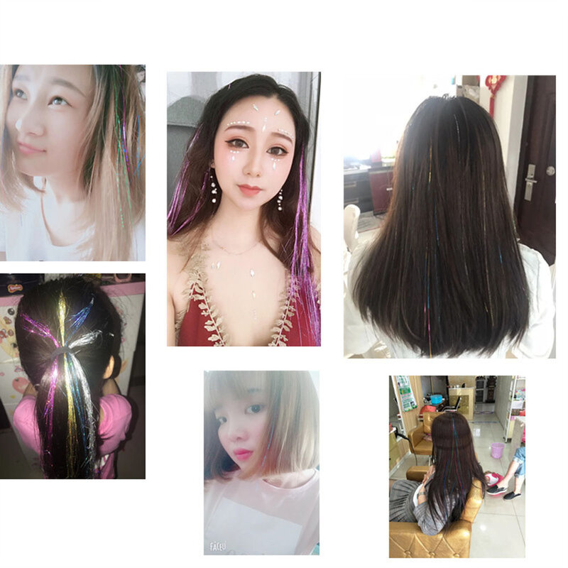2021 neue 16 Farben Haar Lametta Haar Blenden Glitter Extensions Funkelnde Glänzende Haar Flairs Extensions Silk Fairy Haar Dekoration