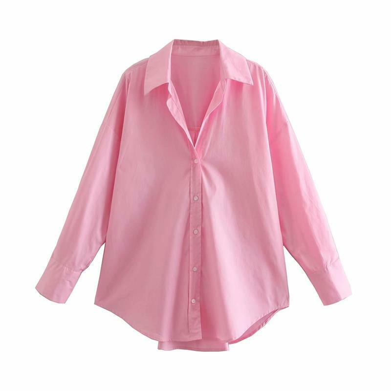 2021 여름 여성 핑크 블라우스 ZA 새로운 긴 소매 간단한 셔츠 Office 레이디 여성 톱 싱글 브레스트 턴 다운 칼라 블라우스