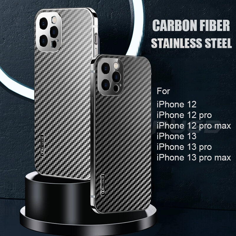 Luxe Carbon Fiber Rvs Metalen Bumper Case Voor Iphone 12 13 Pro Max Shockproof Cover Met Gehard Glas Protector