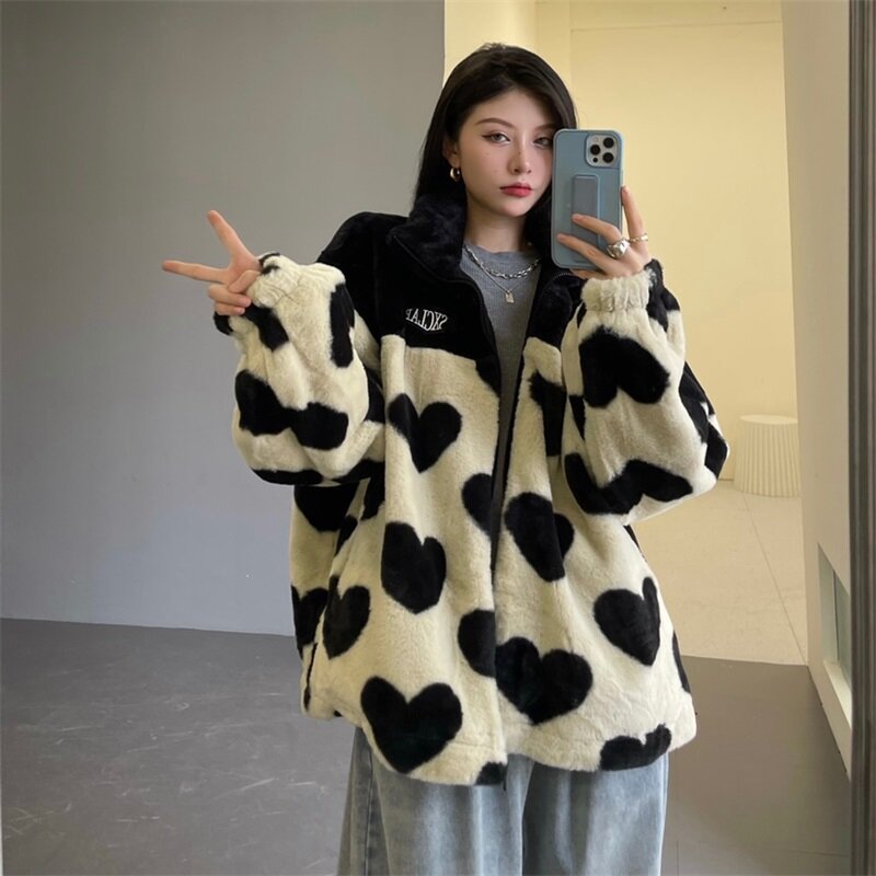 Streetwear Harajuku Halten Warme Vintage Farbe Kontrast Spleißen Herz-förmigen Zipper Jacke Mantel Plüsch Verdicken Lose Outerweat