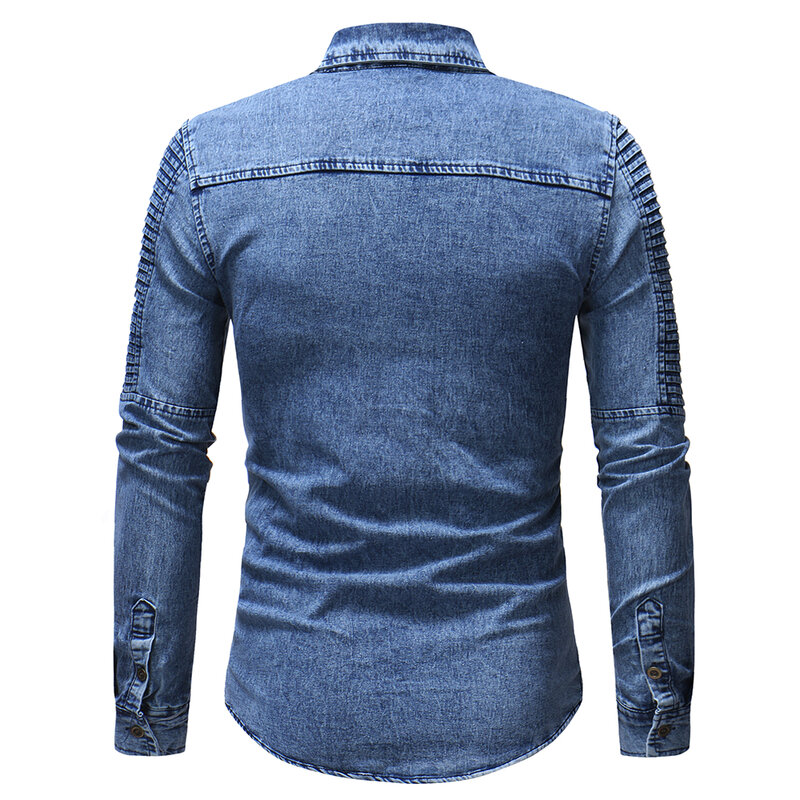 Мужская хлопковая рубашка с длинными рукавами, голубая Повседневная Рабочая Рубашка из денима, с двумя передними нагрудными карманами на пуговицах и прорезями для карандашей, Осень-зима 2019