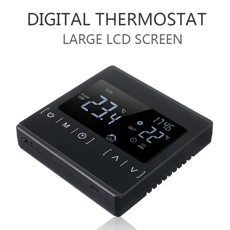 Termostato elétrico programável lcd touch screen, termostato preto prático com sonda externa