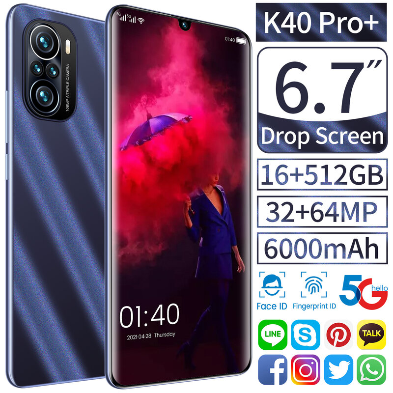 Smartphone K40 Pro +, Version globale, 5G, écran de 6.7 pouces, 16 go de ram, 512 go de rom, caméra de 64 MP, processeur MTK6889 + Deca Core, batterie de 6000mAh
