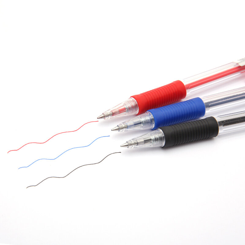 12 Pcs พลาสติก Ball-Point Pen สีแดง,สีฟ้าและสีดำปากกาลูกลื่นที่กำหนดเองโปร่งใสปากกาลูกลื่น