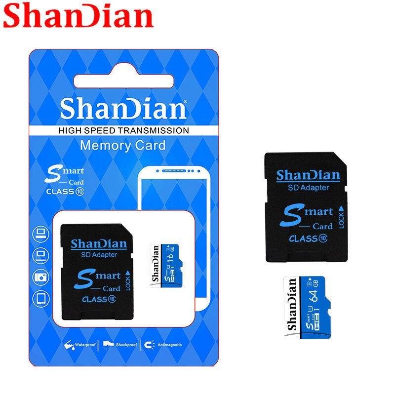 Shandian-cartão de memória micro sd, 32gb, 64gb, 16gb, 8gb, classe 10, cartão tf, pen drive, flash, para smartphone/câmera